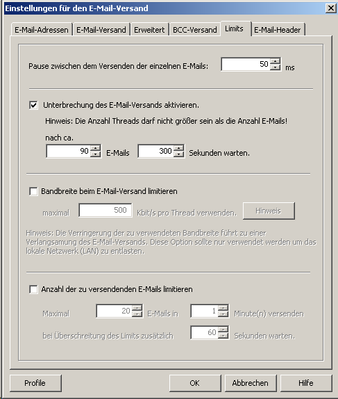 Einstellungen der Limits beim EMailversand