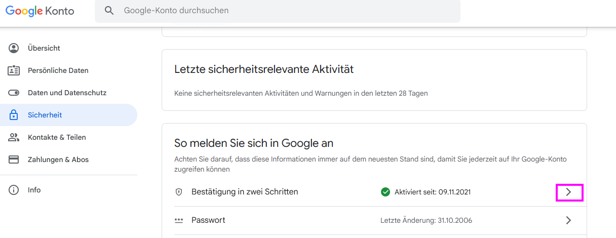 Google Konto Sicherheitseinstellungen