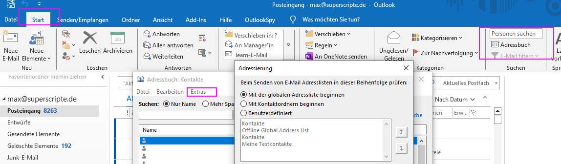 so findet man im Outlook die Einstellungen es Adressbuchs